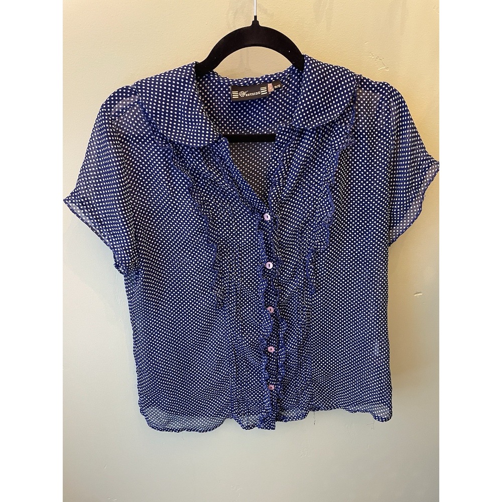Y2K Westside Women's Blue White Polka Dot Ruffle Collared Short Sleeve Blouse M